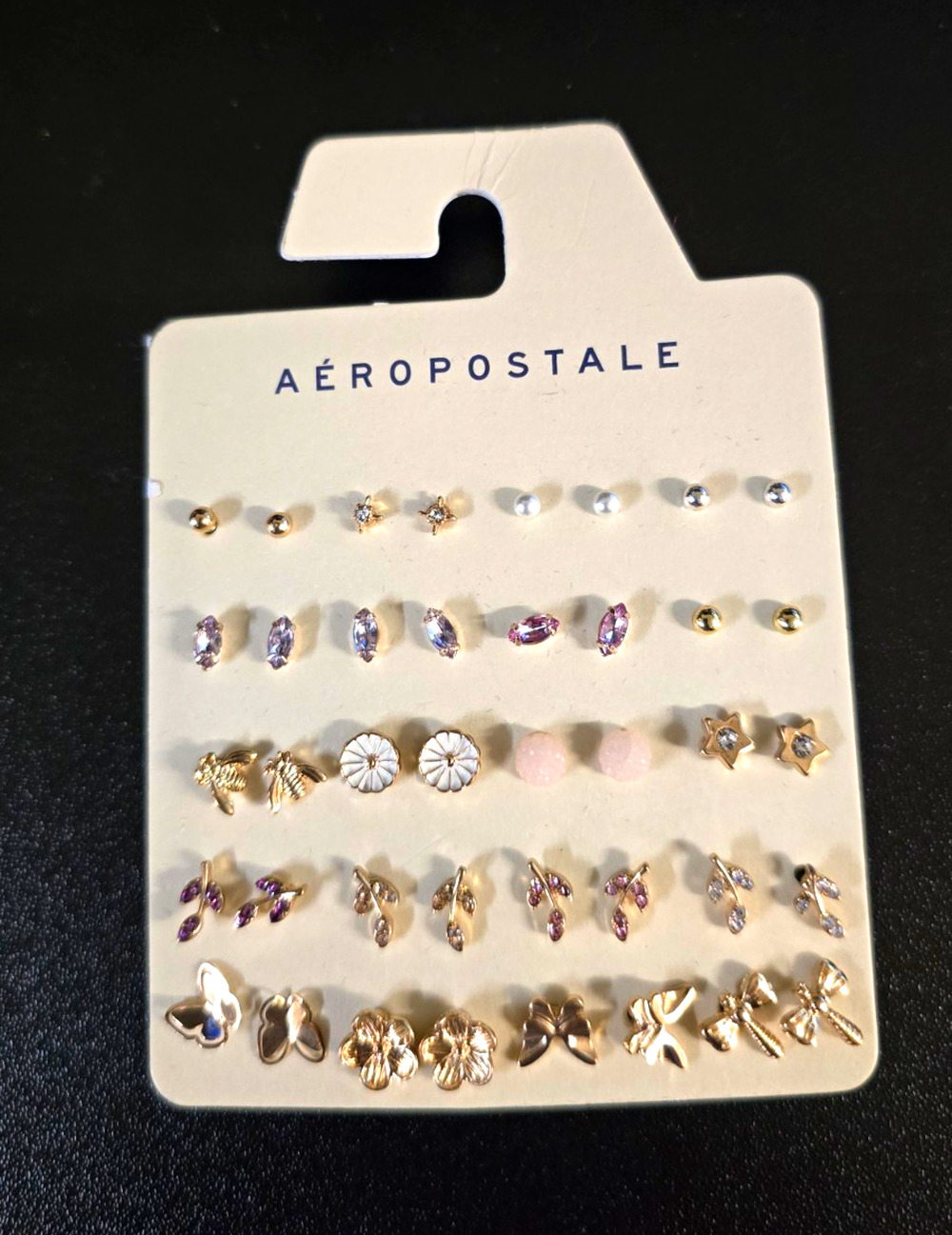 Aéropostale Gold Tone Crystal Faux Pearl Flower Butterfly Stud Earring Set